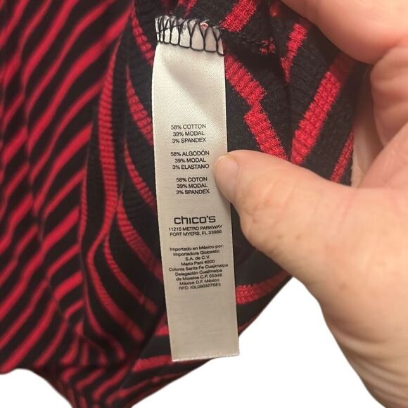 Chicos Red & Black Striped Knit Top Funnel Neck Long Sleeve - Picture 4 of 6